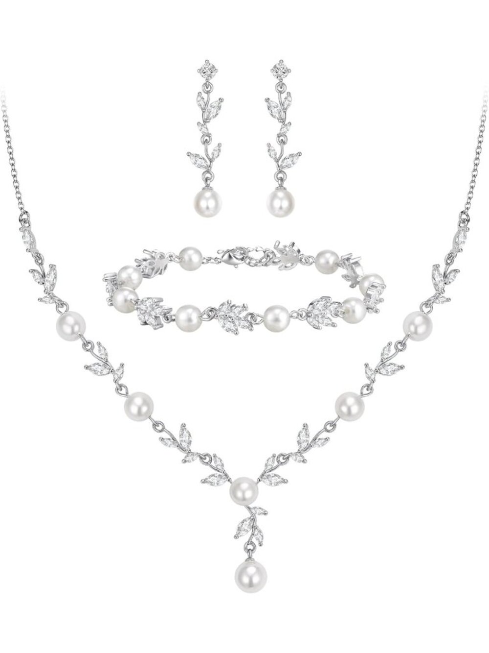Elegant Cubic Zirconia Pearl Leaf Bridal Jewelry Set for Weddings & Special